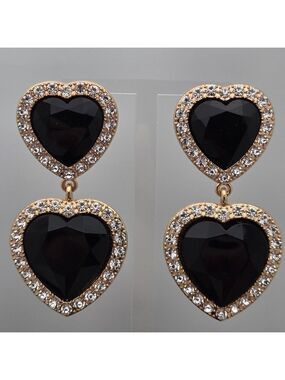 ✨2/$10✨Black Stone Heart Rhinestone Dangle Earrings Statement 2.5”
